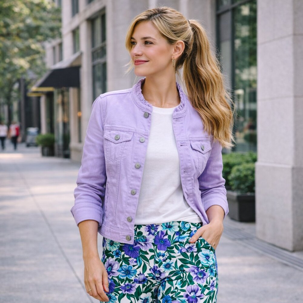 NWT - Talbots Lilac Ruffle Neck Denim Jacket MP Stretch Cotton Blend Petite - Picture 3 of 10